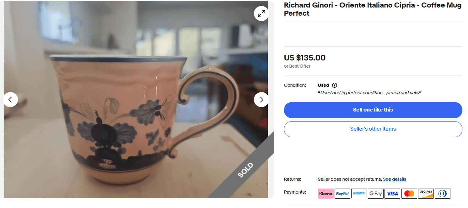 A screenshot showing the same mug sold on eBay for $135.00.